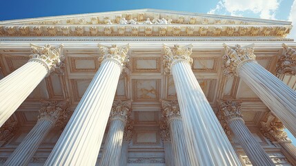 Fototapeta premium Majestic Greco-Roman Architecture: A Low-Angle View of Classical Columns and Architectural Details