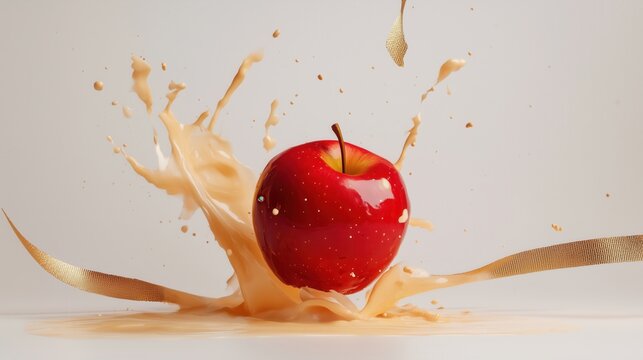 a red apple being splashed with apple juice, creating a dramatic splash.