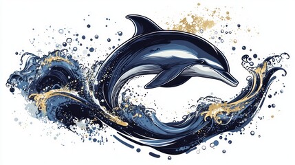 Dolphin leaps from wave. Coastal splashes, aquatic life depicted; use for ocean-themed products