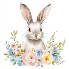 Obraz premium watercolor shabby chic with pink, blue, yellow and green flowers easter bunny clipart, rustic chic,