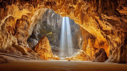 Golden Cave Sunlight Beams Illuminate Ancient Stone Formations. AI Generated