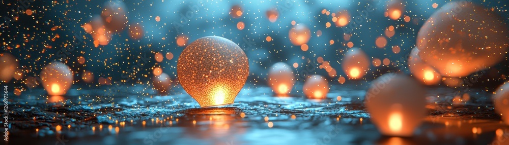 Poster a serene scene with glowing orbs amidst raindrops, creating a magical atmosphere with reflections on