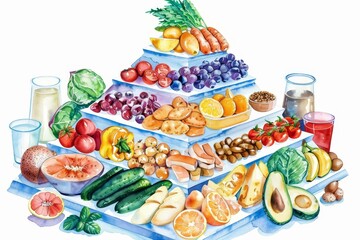 Balanced diet food pyramid illustration, vibrant colors, clear sections, educational tool for healthy eating, visually engaging, informative design