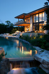 Obraz premium Spectacular Showcase of Contemporary Luxury Home Nestled in Serene Landscape with Stunning Pool View