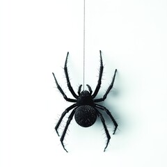 Black Spider Hanging on a Thin Web Isolated White Background Detailed Arachnid Illustration Scary Creepy Halloween Theme Dark Insect Photography      