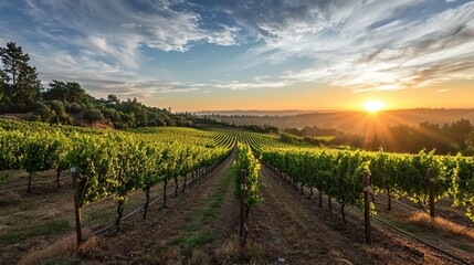 Naklejka premium Beautiful Vineyard Landscape at Sunset with Lush Green Grapevines and Dramatic Sky
