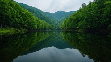 Serene Reflection of Lush Green Mountains and Forests over Calm Lake Water at Dusk