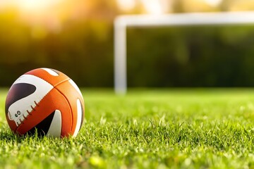 Rugby ball on a sunny field next to a goalpost during an afternoon practice session