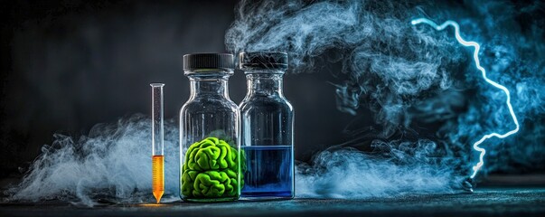 Frankenstein-Inspired Props with Lightning Bolts, Test Tubes, and Brain Jars