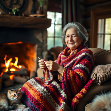 Una abuela hispana tejiendo un chal frente a la chimenea. Tiene una manta en su regazo, un gato y una sonrisa amable
