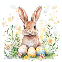 Happy easter, watercolor vector of cute Easter rabbit, eggs, and spring flowers. Spring pastel colors illustration.