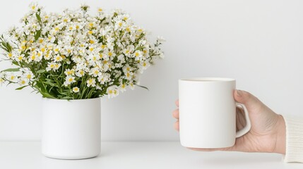 Obraz premium White mug held, flowers in vase, minimalist, studio shot, daily routine, calm atmosphere, simple still life, peaceful, cozy, relaxed mood