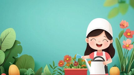 Happy Little Girl Watering Colorful Flowers in a Bright Garden Scene