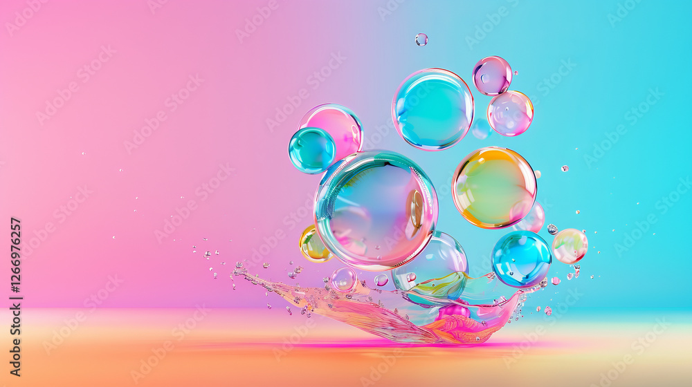 Aufkleber rainbow bubbles abstract: a vibrant cluster of iridescent bubbles floats and splashes on a pastel ba