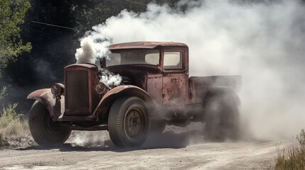 Fototapeta premium Old Rusty Truck Billowing Smoke on Dusty Wilderness Road