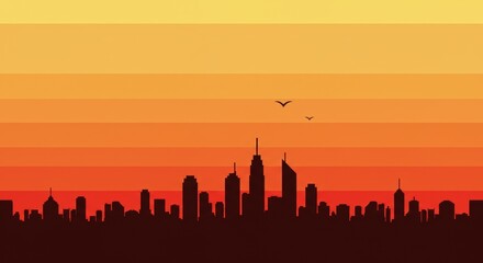 Vibrant City Skyline Illustration at Sunset with Birds Silhouetted Against a Striped Sky