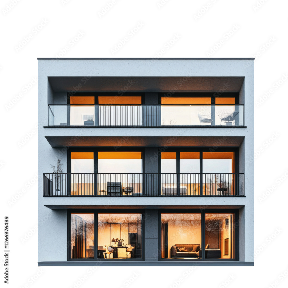 Aufkleber modern apartment building with illuminated balconies and large windows, showcasing contemporary arch