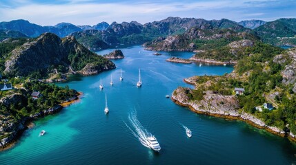 Aerial View of Sailboats in a Serene Norwegian Fjord Surrounded by Lush Green Mountains
