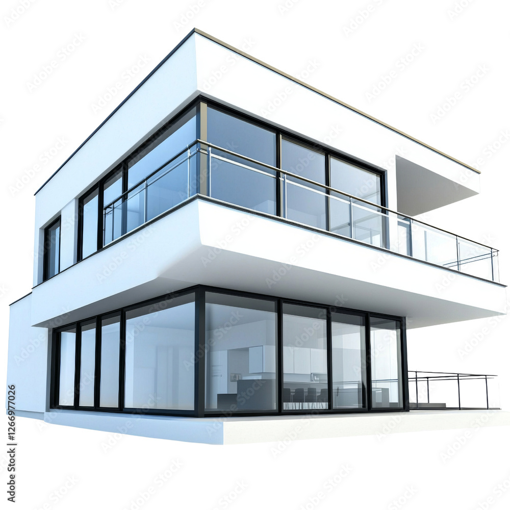 Aufkleber Modern house with large windows and balcony, showcasing contemporary architecture and open space design. Ideal for showcasing luxury living