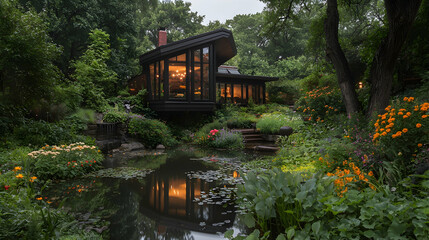 Modern house, garden pond, lush greenery, evening light, tranquil setting; real estate