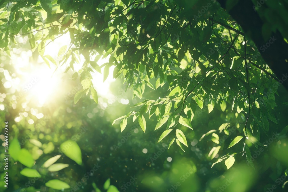 Poster sunlight shines through leaves in forest creating bokeh; eco background