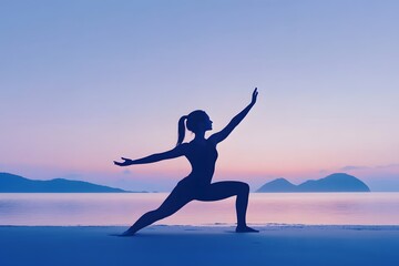 Obraz premium Silhouette of a woman practicing yoga at sunset on a tranquil beach with distant islands