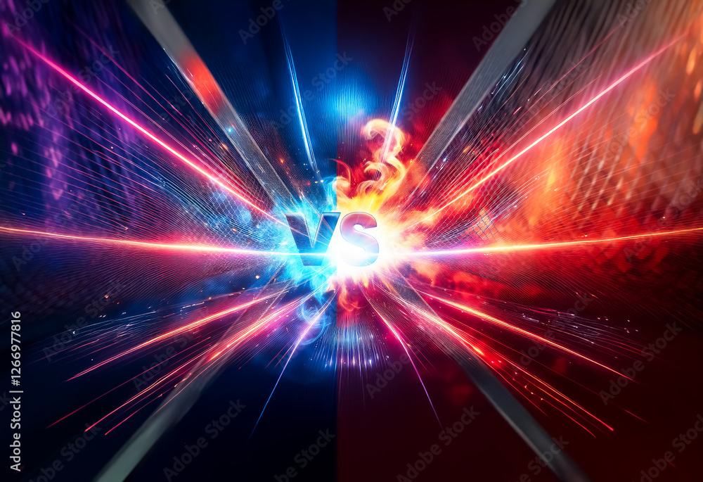 Poster Vibrant blue and red energy clash in a dynamic split screen, converging at a central point with radiating light beams. A visual representation of opposition and intensity.