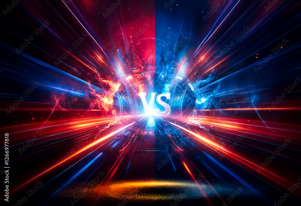 Aufkleber Dynamic clash of red and blue light rays converging on a central point.  A vibrant abstract background conveying intense energy and competition.