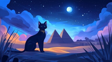 Obraz premium Bastet the Egyptian Goddess, vibrant 2D illustration showcasing her divine presence, adorned with traditional symbols and rich colors.