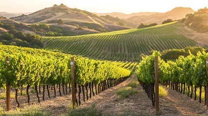 Fototapeta premium Rolling Hills Vineyard Sunset Golden Hour Landscape
