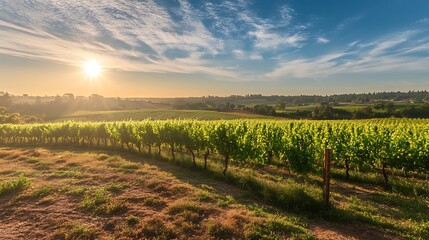 Naklejka premium Vineyard Sunrise Scenic Rolling Hills Landscape