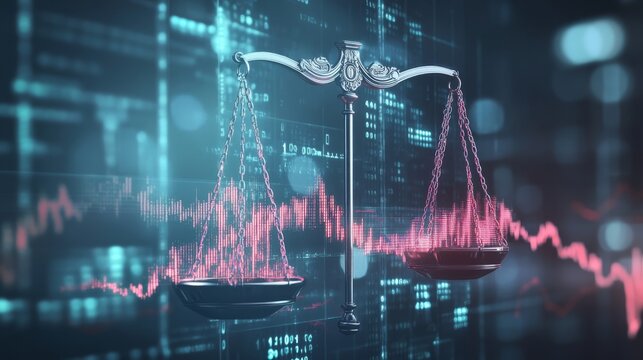 Balance scale with one side loaded with stock, symbolizing trade dynamics and market fluctuations, showcasing economic equilibrium.