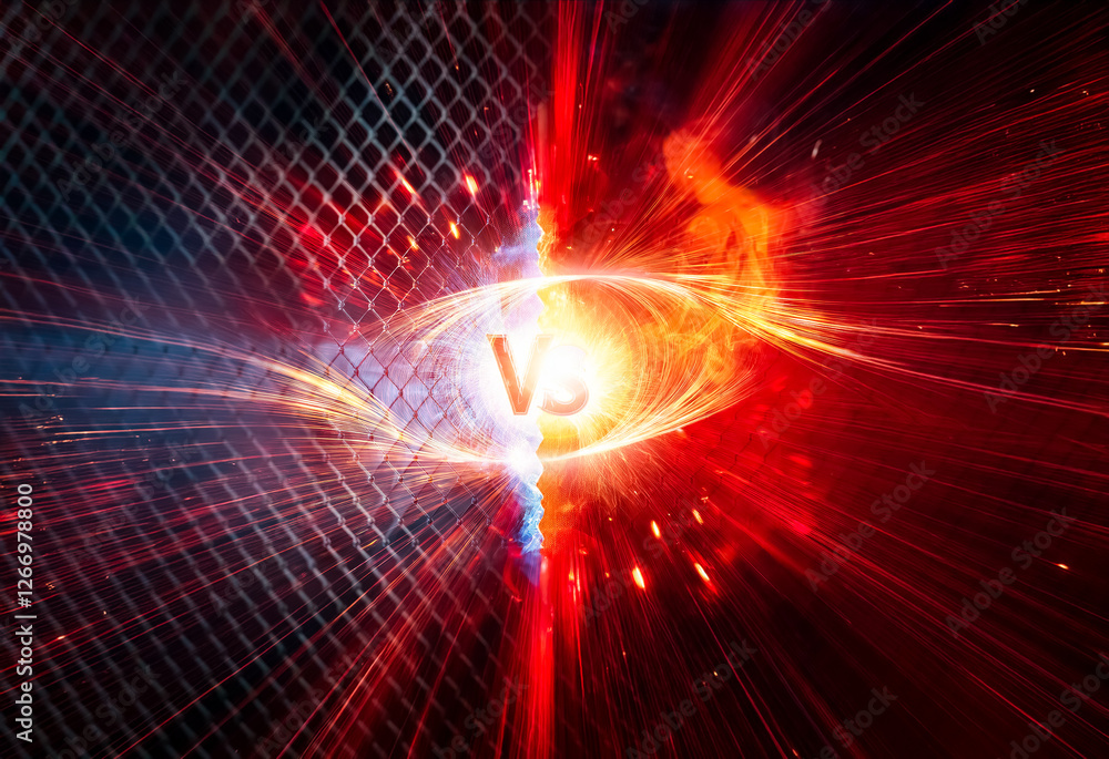 Poster Dynamic visual contrast of opposing elements. A cold, metallic grid on the left sharply contrasts with a fiery, energetic burst on the right side, divided by a vertical line and 'VS'.