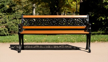Empty wooden bench in the park on a sunny day. Relaxation, meditation