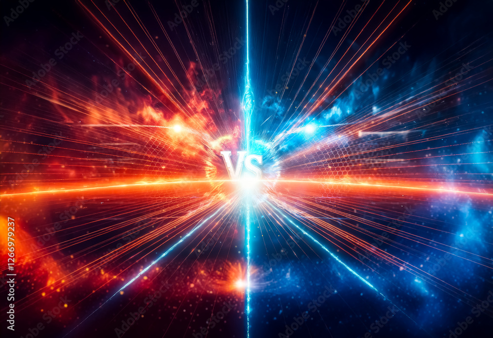 Poster Fiery red and cool blue collide in a dynamic abstract clash.  Bright light beams explode from a central point, creating a visual representation of opposition and intense energy.