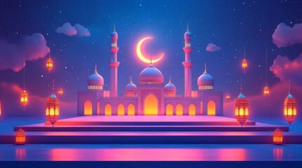 A stunning display of an Islamic podium showcases intricate architecture, adorned with glowing lanterns. The serene night sky and crescent moon create a magical atmosphere