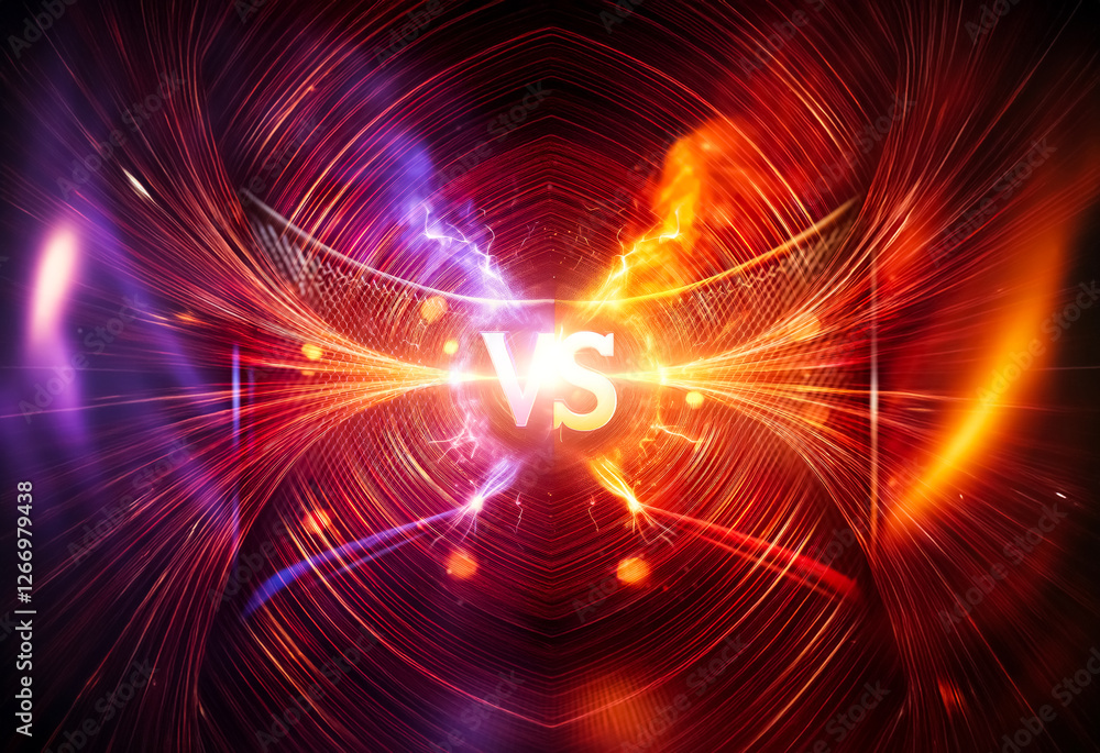 Aufkleber Vibrant abstract background featuring opposing forces of purple and orange converging at the center with streaks of light, suggesting a dynamic confrontation or comparison.