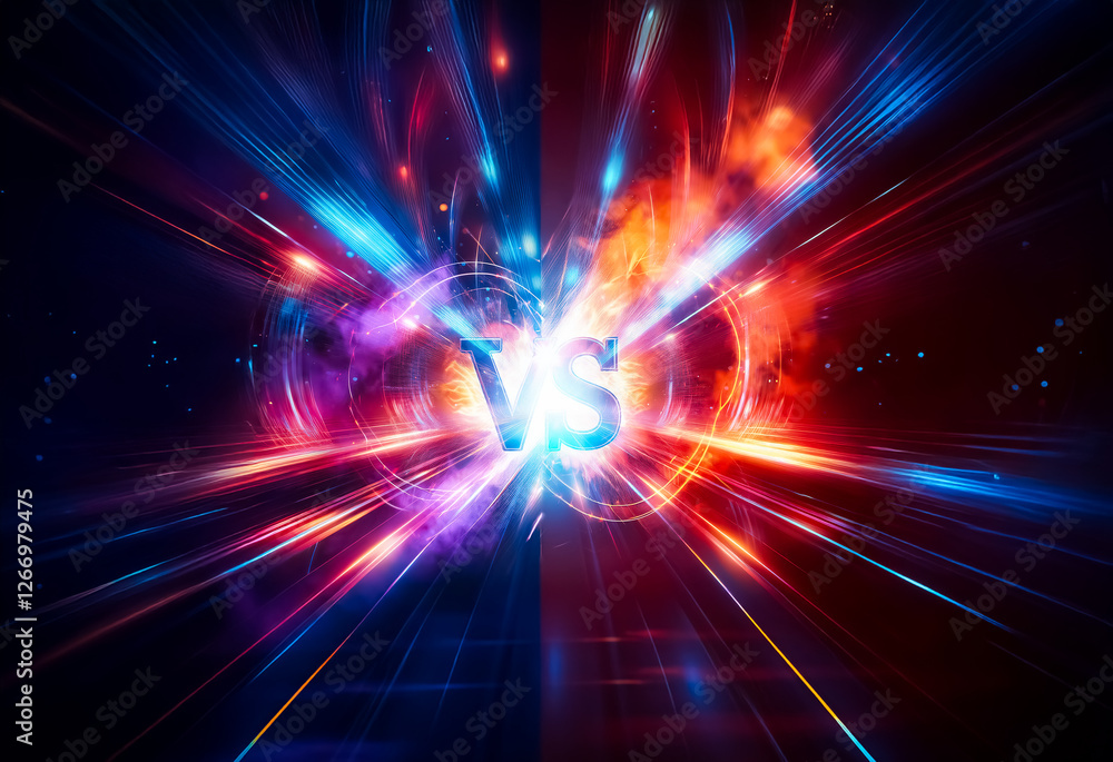 Fototapete Dynamic abstract image of a vibrant light explosion. Blue and red-orange colors emanate from the center, creating a sense of dynamic energy and opposition with a 'VS' symbol.