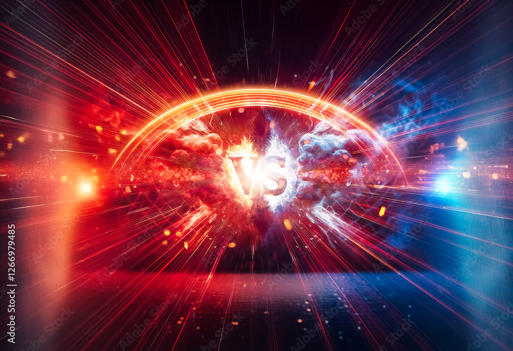 Aufkleber dynamic visual featuring fiery red and cool blue energy bursts colliding around a central 