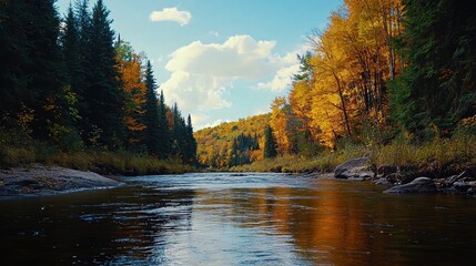 Naklejka premium Scenic Autumn River Landscape with Colorful Foliage and Clear Blue Sky Reflections