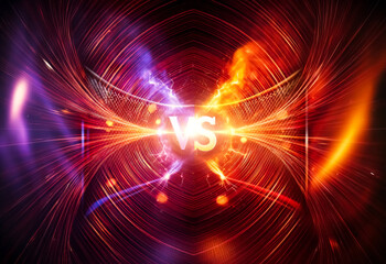Fototapeta premium Vibrant abstract background featuring opposing forces of purple and orange converging at the center with streaks of light, suggesting a dynamic confrontation or comparison.