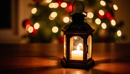 Festive lantern glowing warmly on wooden table, inviting ambiance