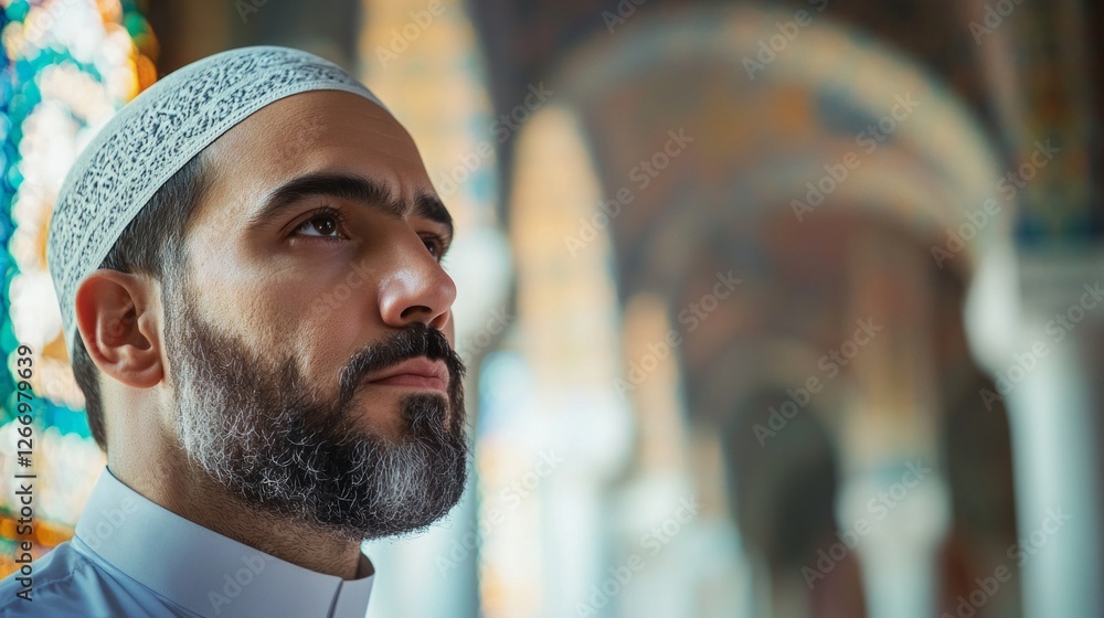 Poster a muslim man is deep in thought while praying inside a mosque, surrounded by beautiful architecture 