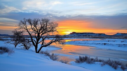 Serene Winter Landscape with Sunset Over Frozen River and Bare Trees in Snow-Covered Field