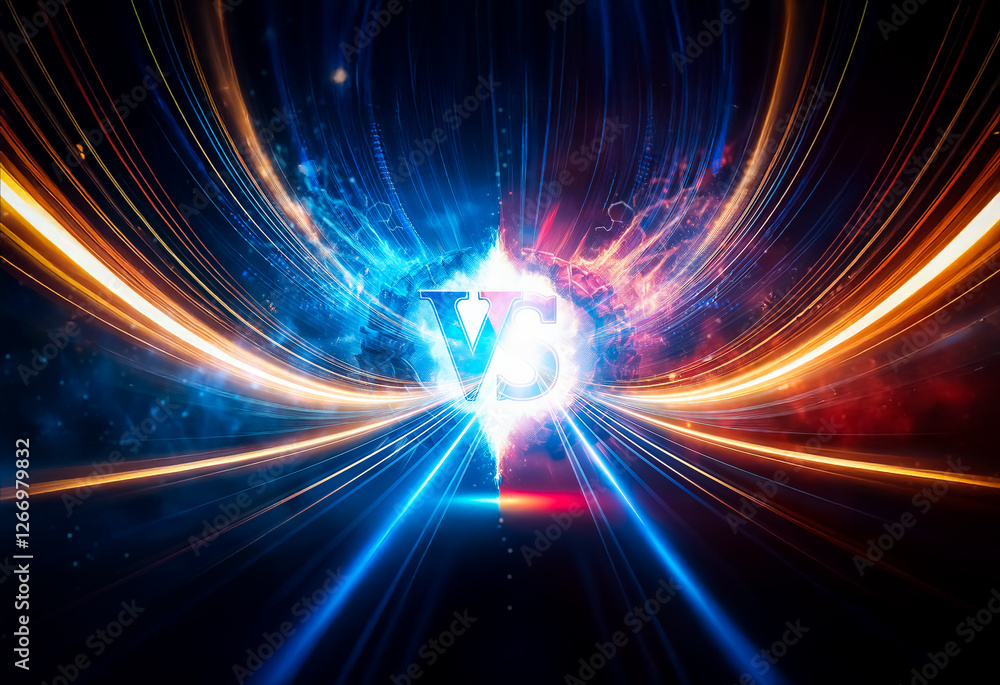 Poster dynamic energy streams converge in a burst of light, creating a vibrant abstract design. blue and or