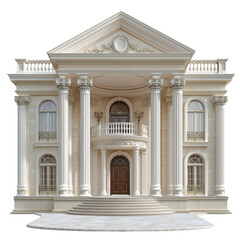 Luxurious mansion with grand columns, intricate details, and elegant design. impressive facade features large entrance and ornate balcony, showcasing classic architecture