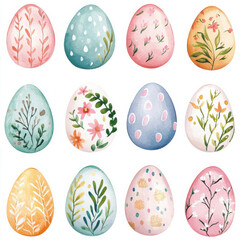 Fototapeta premium Cute Easter eggs Clipart, Pastel Watercolor Spring colorful eggs, Boho Nursery Graphic Set,
