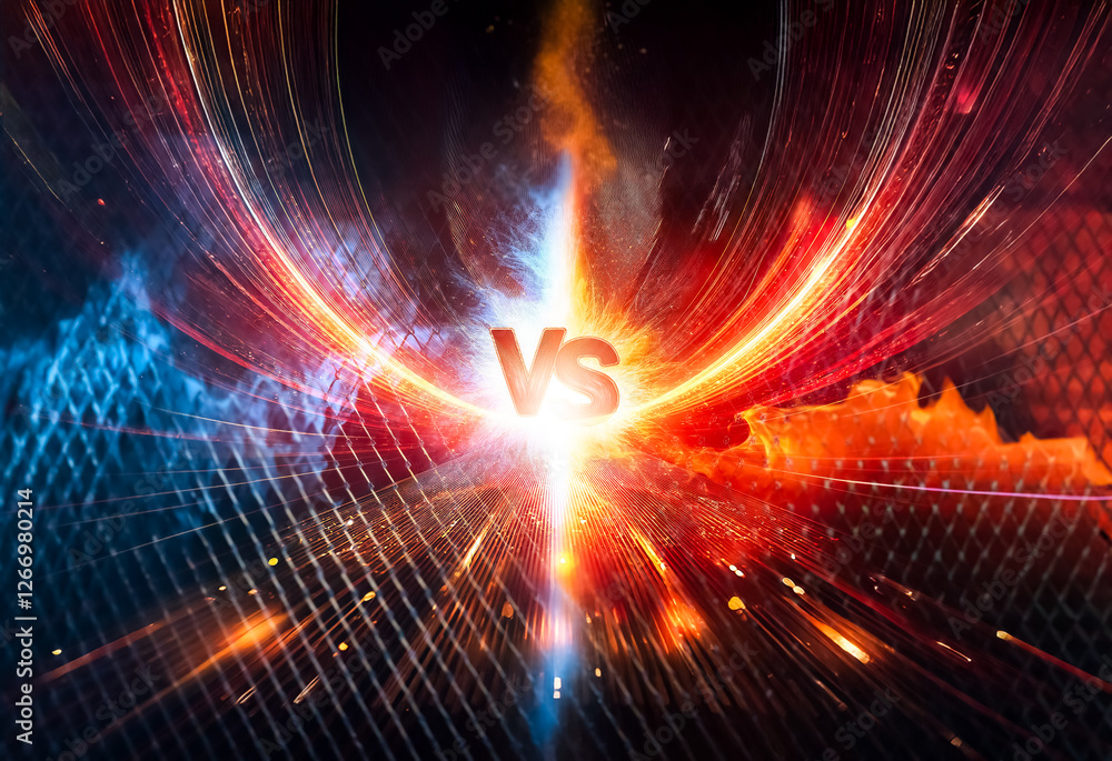 Leinwandbilder intense clash of blue and red energy streams meet at a bright 'vs' center. dynamic image representin