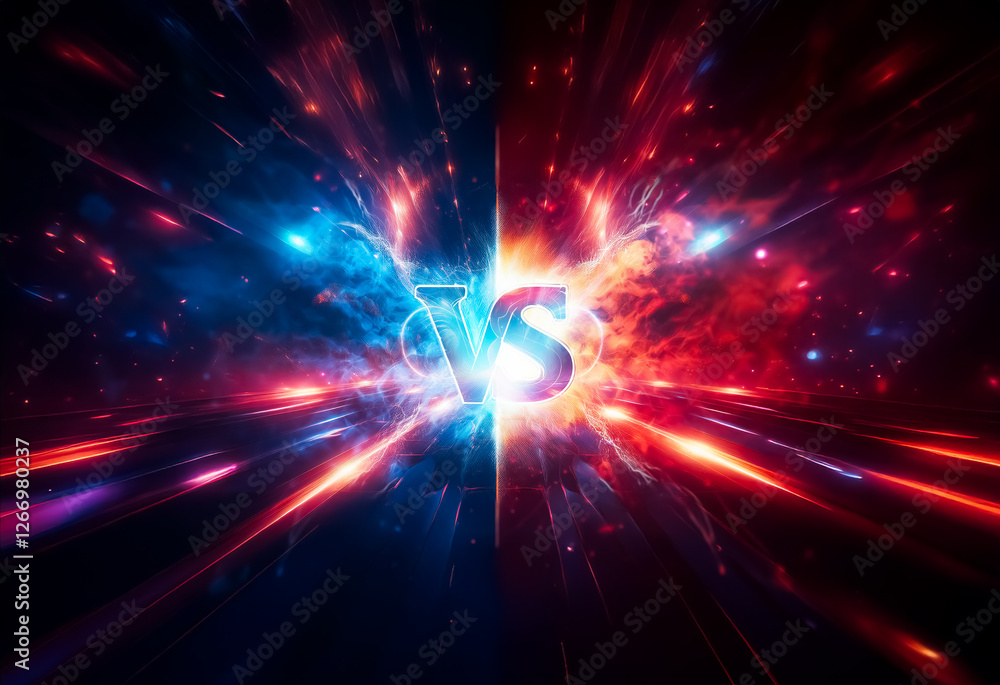 Leinwandbilder a vibrant clash of blue and red energy bursts from a central point, creating an abstract and dynamic
