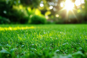 Naklejka premium Green grass meadow with blurred sun rays and abstract Spring background.